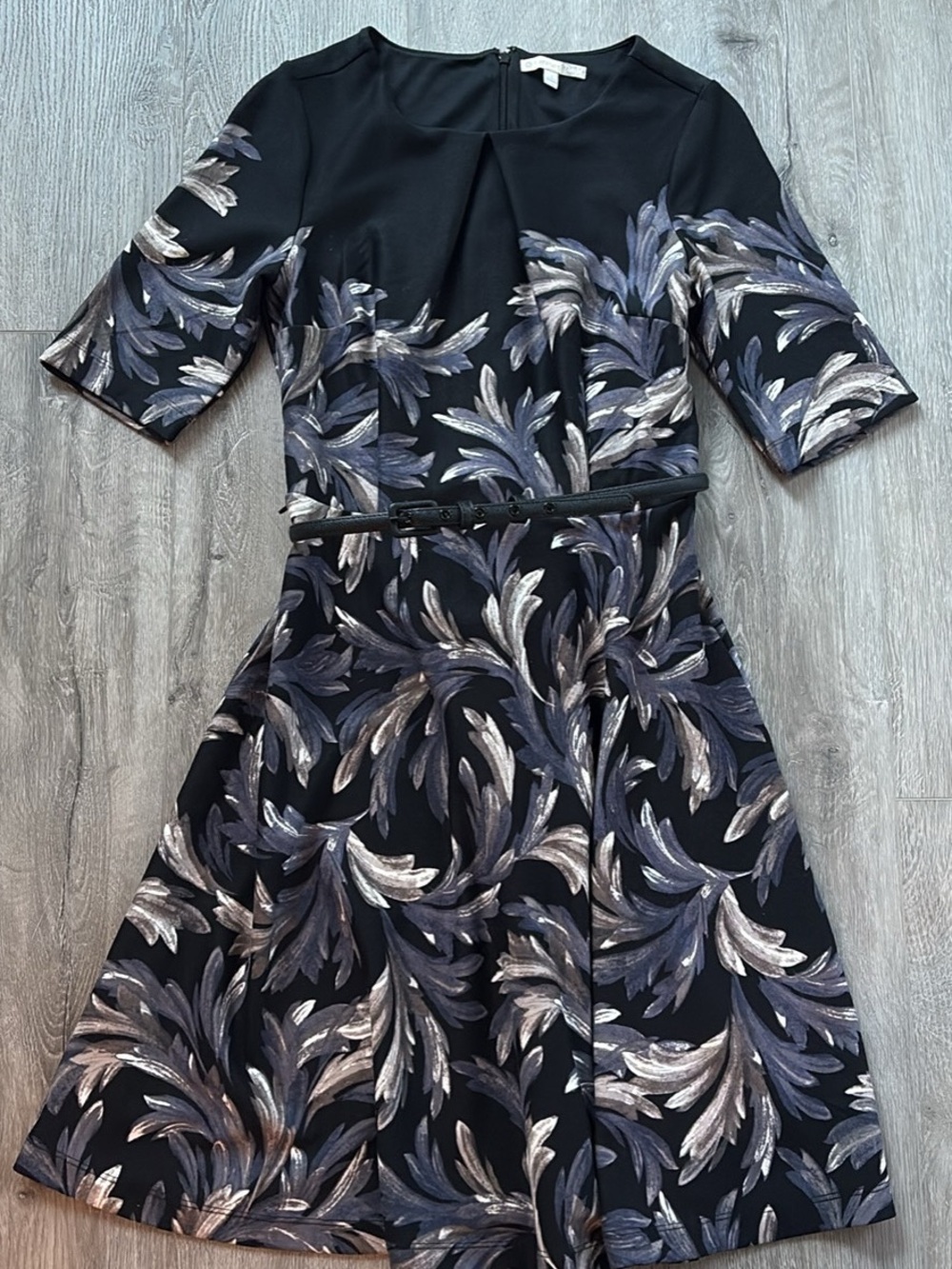 Elegant Floral-Print Fit & Flare Dress - Black with Silver & Blue Accents
